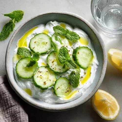 سلطة زبادي وخيار مع نعناع وزيت زيتون لسحور مرطّب