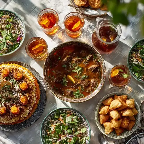 سفرة فطور رمضان سعودية مع كبسة وشوربة وسمبوسة وسلطات ومشروبات تقليدية
