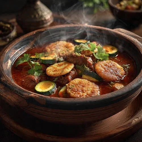 اكلة المطازيز السعودية الأصلية مقدّمة في قدر فخاري مع الخضار واللحم