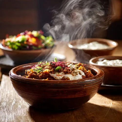 تقديم اكلة المطازيز السعودية في طبق عميق مع لبن وسلطة جانبية