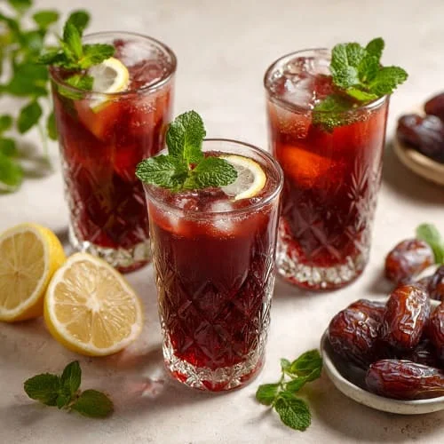 تقديم شراب فيمتو منزلي مخفف في كاسات رمضان مع نعناع وثلج