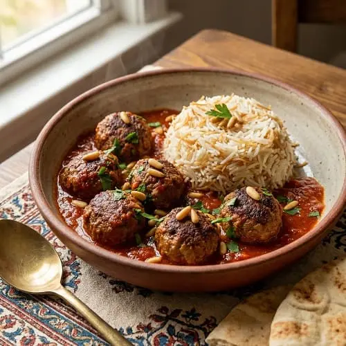 طبق اكلة داوود باشا الشامية مع الأرز والصنوبر والبقدونس