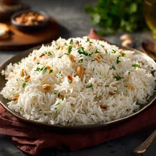 طبق رز مفلفل مُقدّم بشكل احترافي على صحن تقديم واسع مع زينة بسيطة