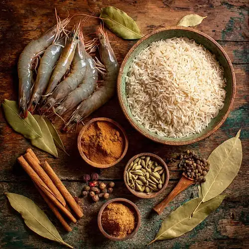 كبسة الروبيان السعودية: وصفة مضبوطة وأسرار النجاح 2 مكونات كبسة الروبيان: روبيان وأرز بسمتي وبهارات على طاولة مطبخ