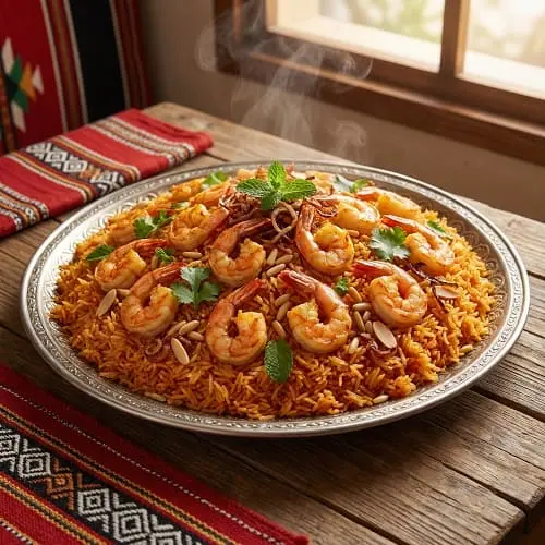كبسة الروبيان السعودية: وصفة مضبوطة وأسرار النجاح 4 طبق كبسة الروبيان السعودية جاهز للتقديم مع تزيين بسيط