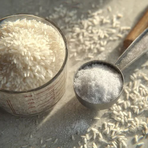 ملعقة ملح بجانب كوب رز لشرح مقدار الملح المناسب لكل كوب