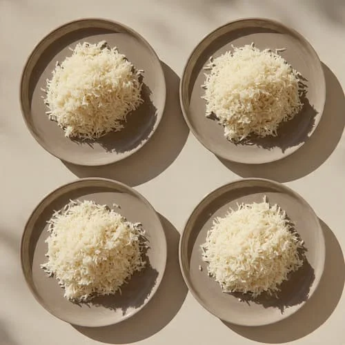 توزيع حصص رز مطبوخ على أربعة أطباق لإظهار كمية الرز المناسبة لكل شخص