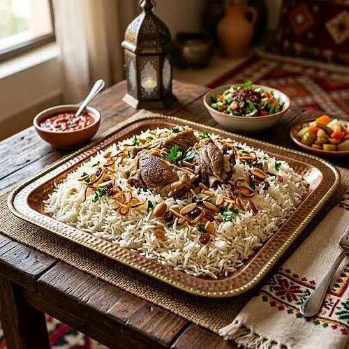 طبق رز أبيض سعودي مفلفل مقدم بطريقة أنيقة