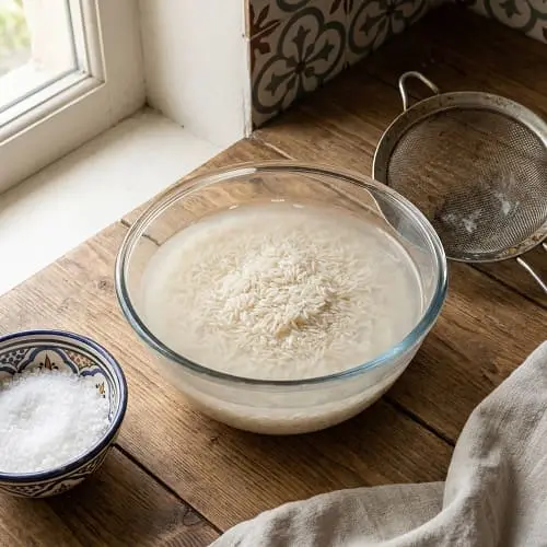 رز بسمتي مغسول ومنقوع في وعاء زجاجي على سطح مطبخ