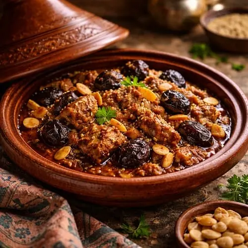  طاجن مغربي بالبرقوق مزين باللوز المحمص داخل إناء فخاري