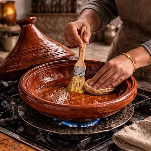 تهيئة الطاجن الفخاري للاستخدام: دهن خفيف بالزيت وتسخين تدريجي