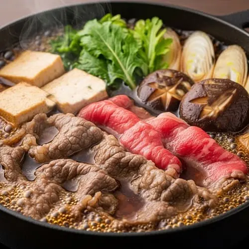 لقطة قريبة لقطع لحم السوكيياكي مع التوفو والفطر داخل المرق