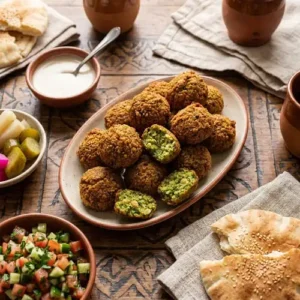 فلافل مقرمشة في البيت مع طحينة ومخلل وخبز عربي