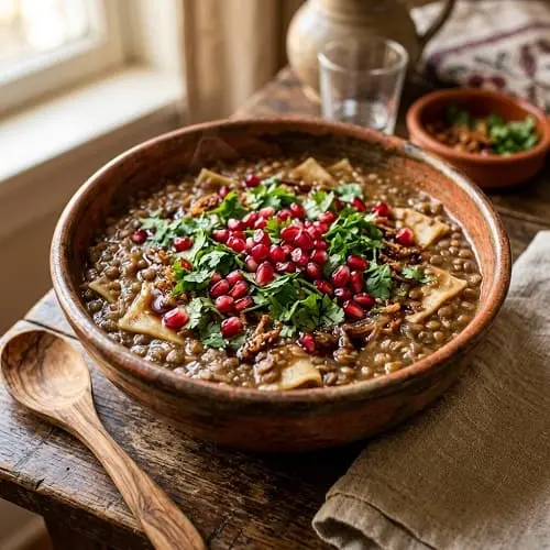 طبق حراق أصبعو مع رمان وكزبرة وقرمشة كعشاء نباتي اقتصادي