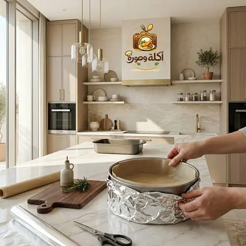 تبطين قالب التشيز كيك بورق الزبدة وعزله بورق الألمنيوم للحمام المائي