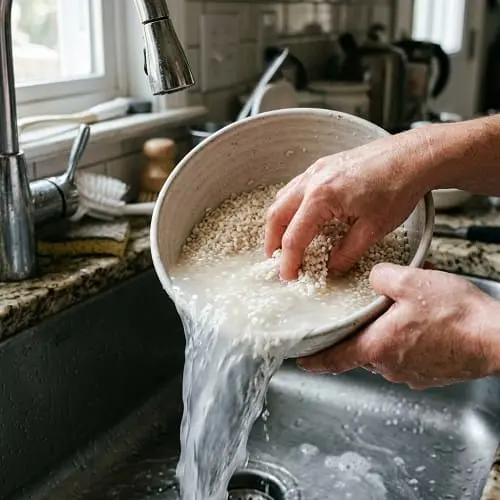 غسل أرز السوشي عدة مرات حتى يصبح الماء شبه صافي