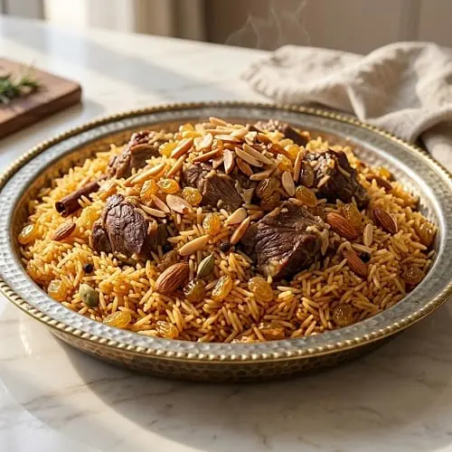 كبسة سعودية باللحم للعشاء مع أرز بسمتي ومكسرات