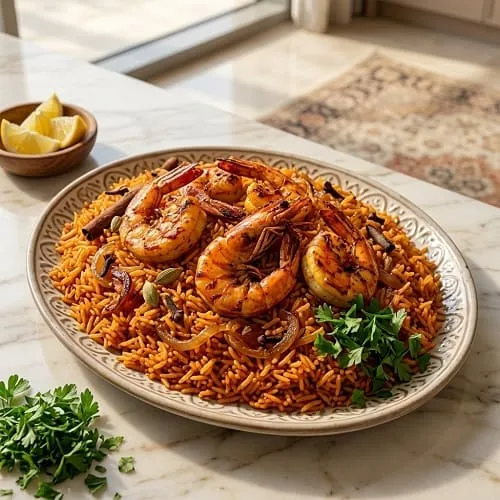 كبسة روبيان سعودية للعشاء مع ليمون وأرز متبل