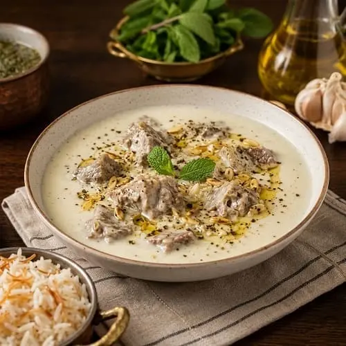 طريقة الشاكرية السورية باللحم: لبن ثابت بدون غليان 5 تقديم الشاكرية السورية باللحم مع رز بالشعيرية وثوم ونعناع
